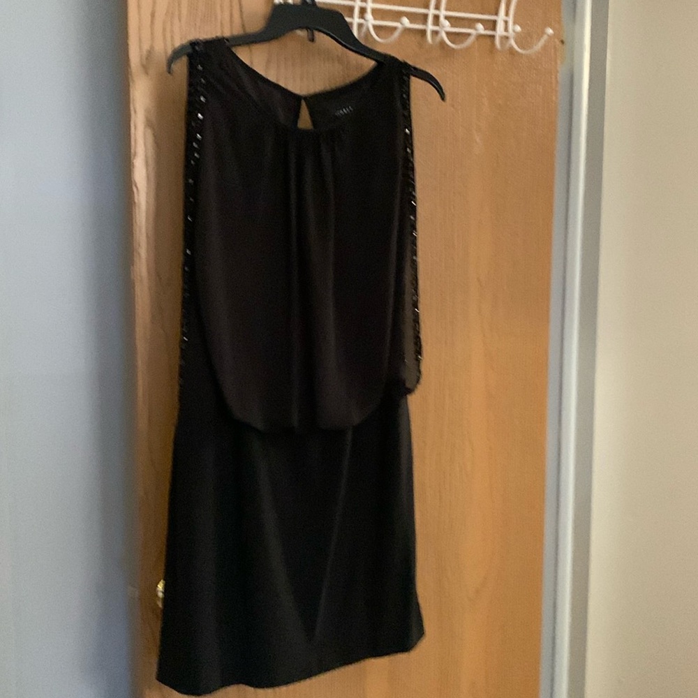 Black cocktail dress sheer overlay beaded on the sides